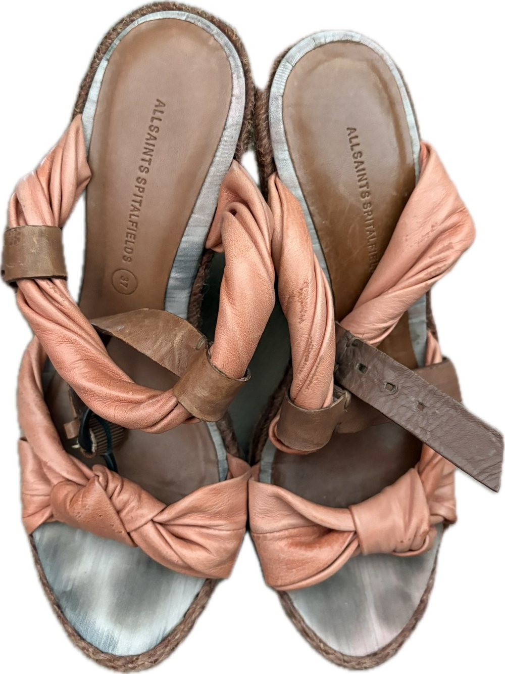 AllSaints Peach-Tone Knotted Leather Wedge Sandals